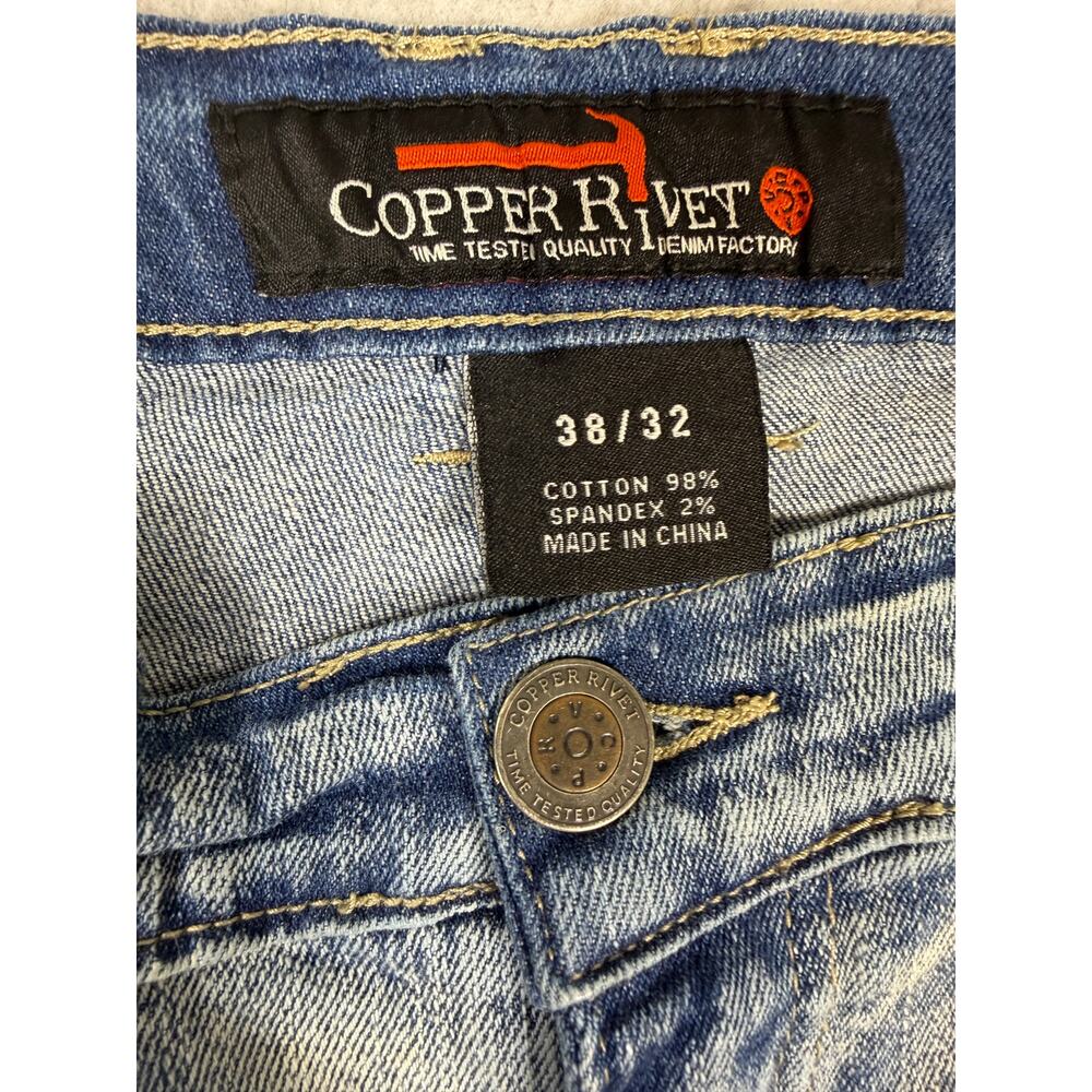 Copper Rivet Distressed Moto Mens Jeans Plaid Rip & Repair Light Blue 38x32 Slim - Picture 4 of 16